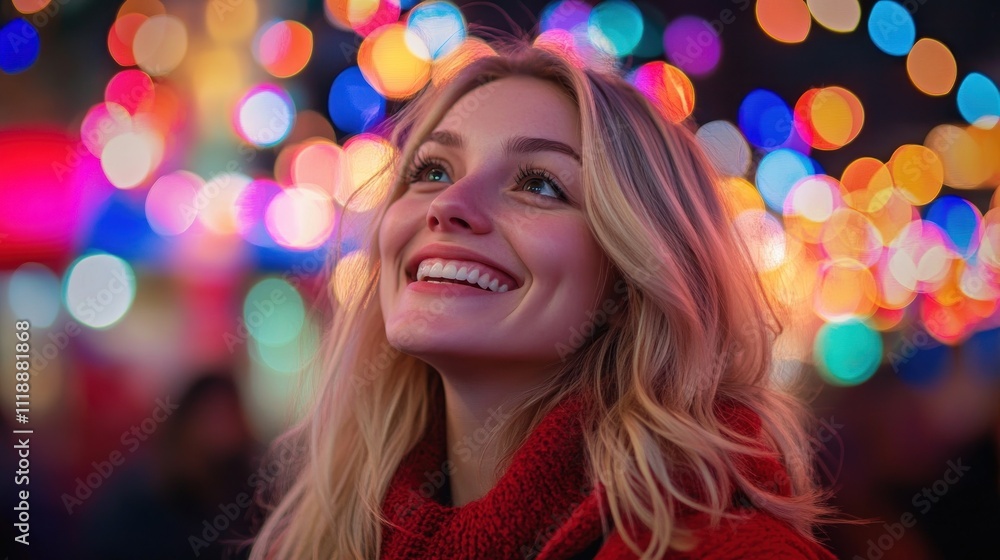 A joyful woman smiles under colorful festive lights. A joyful woman smiles under colorful festive lights.