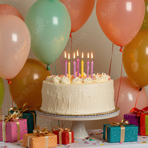 festive birthday party setup with cake, colorful balloons, and wrapped gifts photo