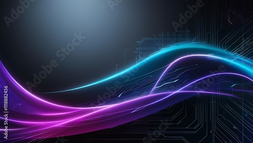 Abstract glowing neon waves flowing over a dark circuit board background.