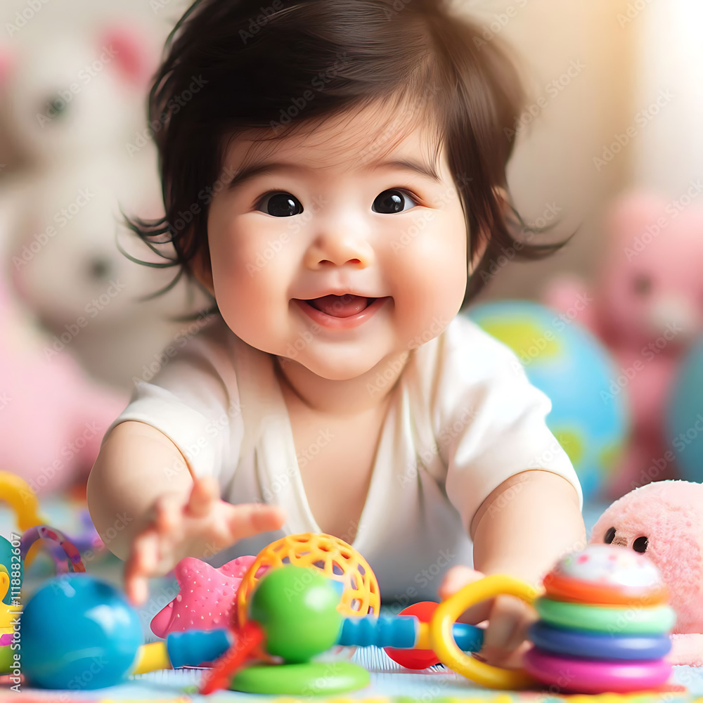 Adorable baby in white sunny bedroom. Newborn child relaxing in bed. Nursery for young children. Textile and bedding for kids. Family morning at home. New born kid during tummy time with toy bear.
