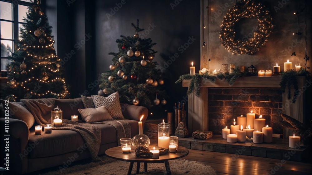 Candlelit living room with fairy lights, warm winter holiday decor. Candlelit living room with fairy lights, warm winter holiday decor.