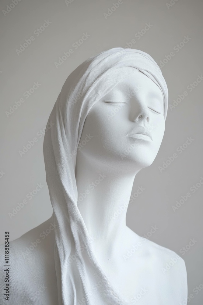 Serene white mannequin with closed eyes and a draped white scarf, conveying tranquility and elegance against a soft, neutral background. Serene white mannequin with closed eyes and a draped white scarf, conveying tranquility and elegance against a soft, neutral background.