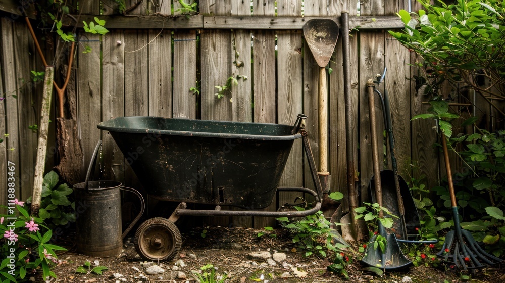 Old garden tools and wheelbarrow leaning against rustic wooden fence. Old garden tools and wheelbarrow leaning against rustic wooden fence.