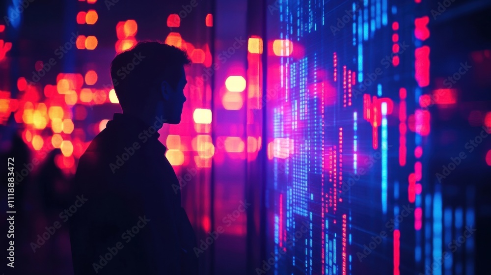 Cyberpunk Cityscape Silhouette Man Digital Data Wall Cyberpunk Cityscape Silhouette Man Digital Data Wall