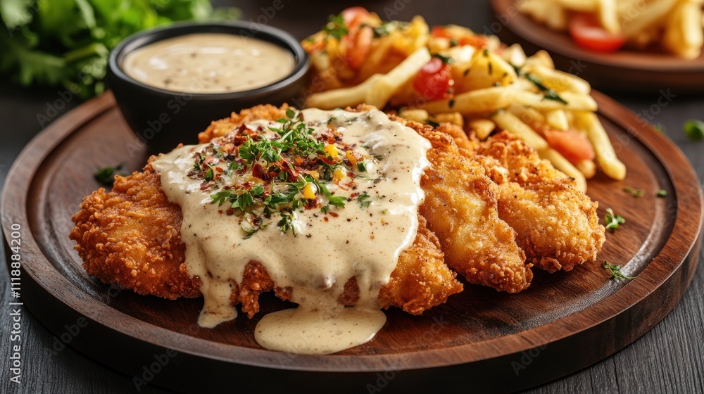 Crispy fried chicken with gravy, fries, and a side of sauce. Crispy fried chicken with gravy, fries, and a side of sauce.