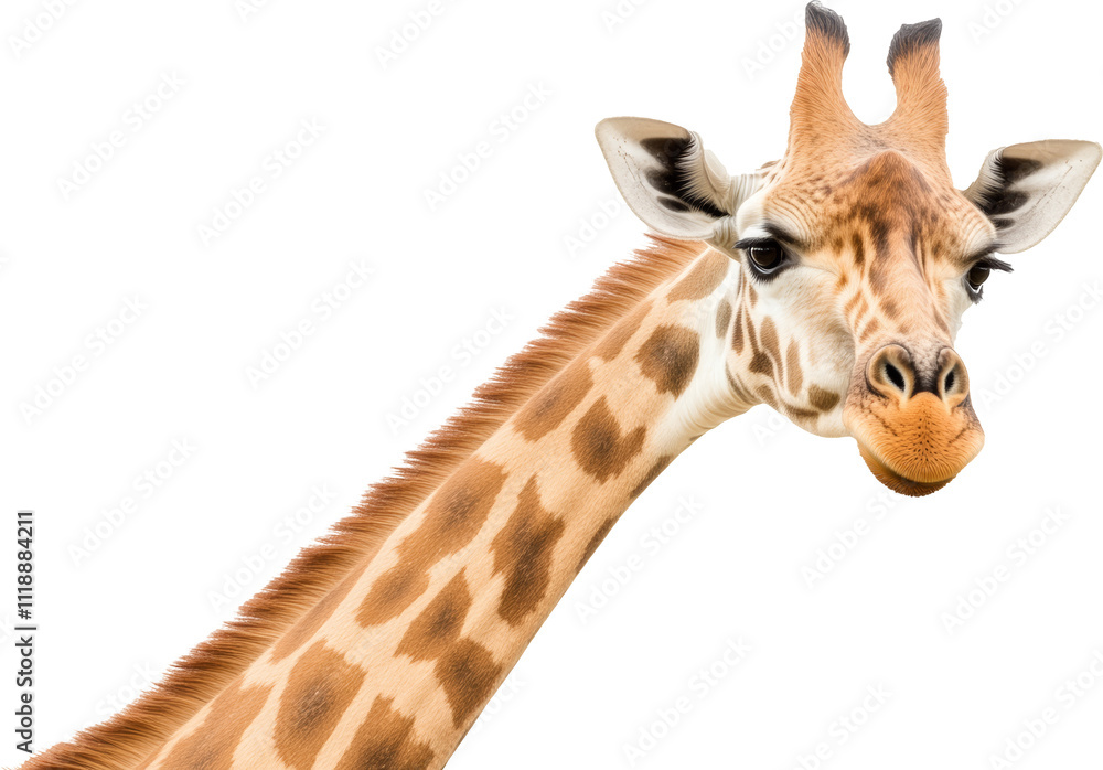 Fototapeta premium Giraffe close-up portrait, isolated on white. Wildlife photography and animal concept