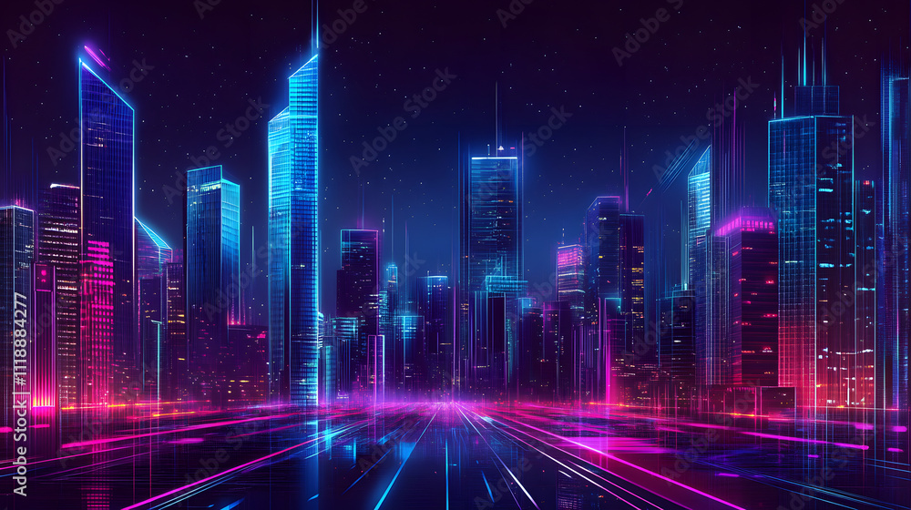 A cityscape made of geometric shapes, illuminated by neon lights against the dark background. A cityscape made of geometric shapes, illuminated by neon lights against the dark background.