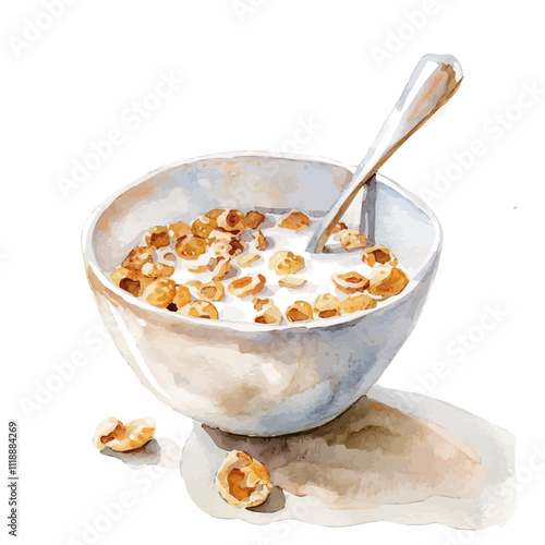 A watercolor painting of a bowl of cereal with milk, isolated on a white background. Bowl of cereal with milk vector.