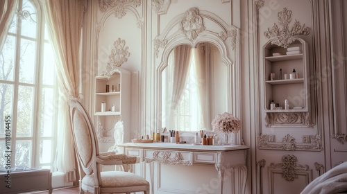 Elegant vanity area in a sunlit room with ornate moldings and large windows.