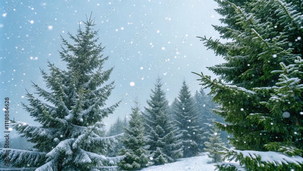 Fototapeta premium Snowy evergreen branches with falling snowflakes, holiday greeting card.