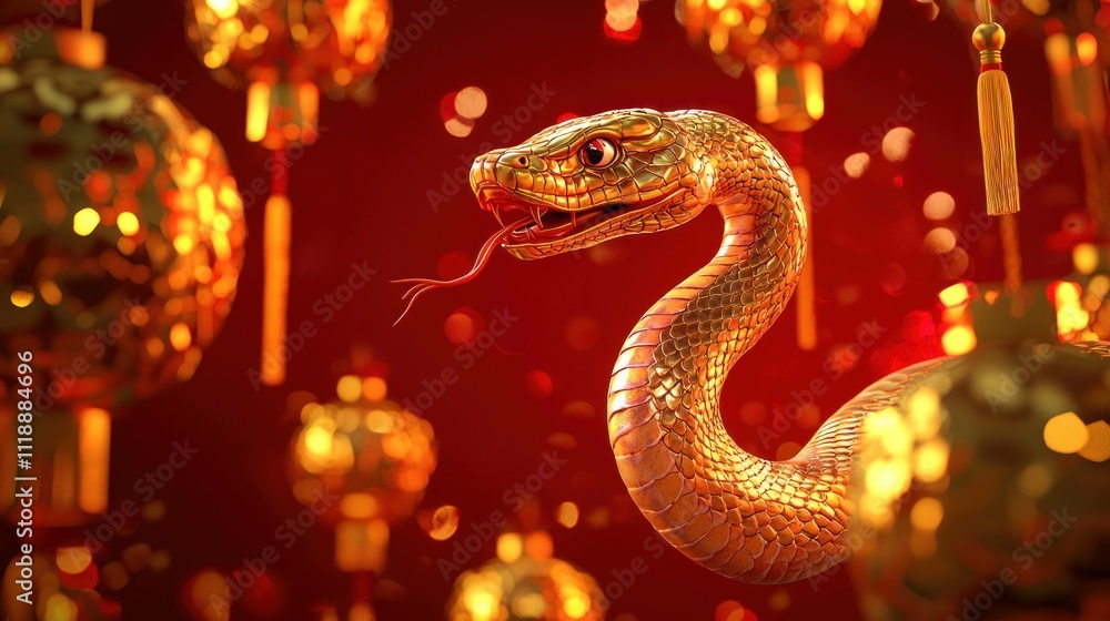 Golden snake coiled amidst red lanterns, symbolizing wealth and prosperity. Vibrant colors enhance the festive atmosphere, ideal for celebrations. Golden snake coiled amidst red lanterns, symbolizing wealth and prosperity. Vibrant colors enhance the festive atmosphere, ideal for celebrations.