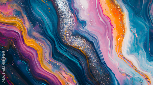 A close-up of an abstract painting with swirling patterns in vibrant colors, resembling the mesmerizing surface of agate or marble. 