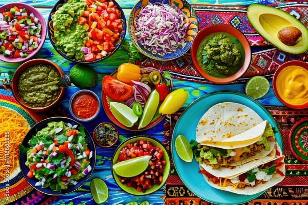 A vibrant spread of tacos and fresh toppings for a festive meal. A vibrant spread of tacos and fresh toppings for a festive meal.