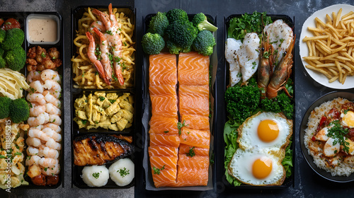 A collage of different types of food, including broccoli and chicken wings, shrimp with pasta, fish fillets on top of vegetables, French fries in boxes.