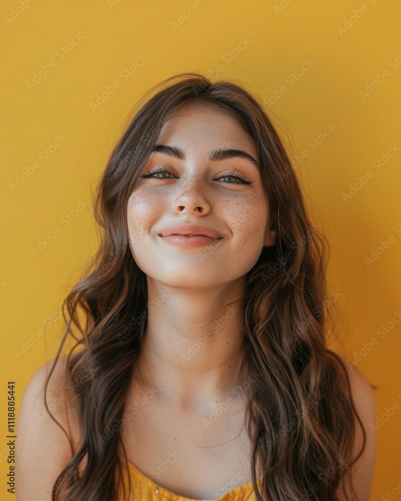 A smiling young woman with long hair against a vibrant yellow background. A smiling young woman with long hair against a vibrant yellow background.
