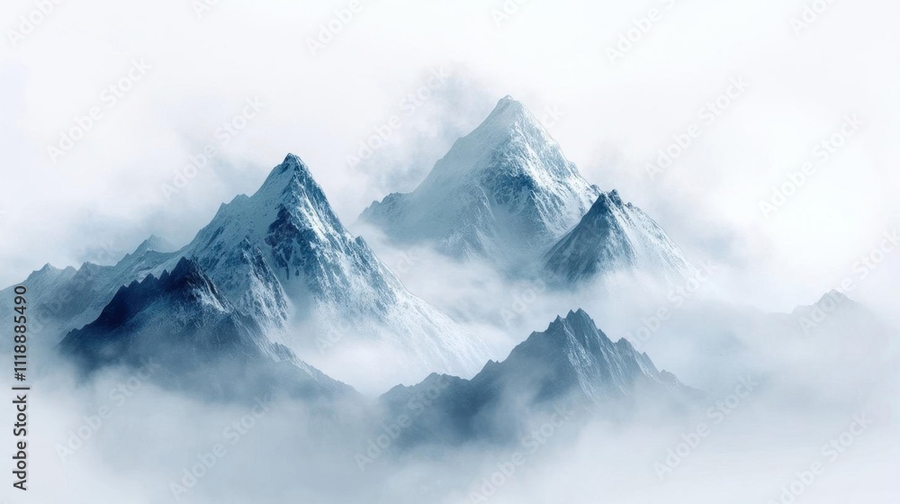 Serene mountain landscape shrouded in mist and snow. Serene mountain landscape shrouded in mist and snow.