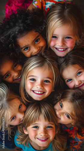 A joyful group of diverse children smiling and posing closely together.