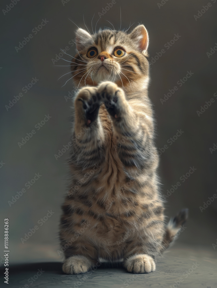 Naklejka premium A playful kitten standing on its hind legs with a curious expression.
