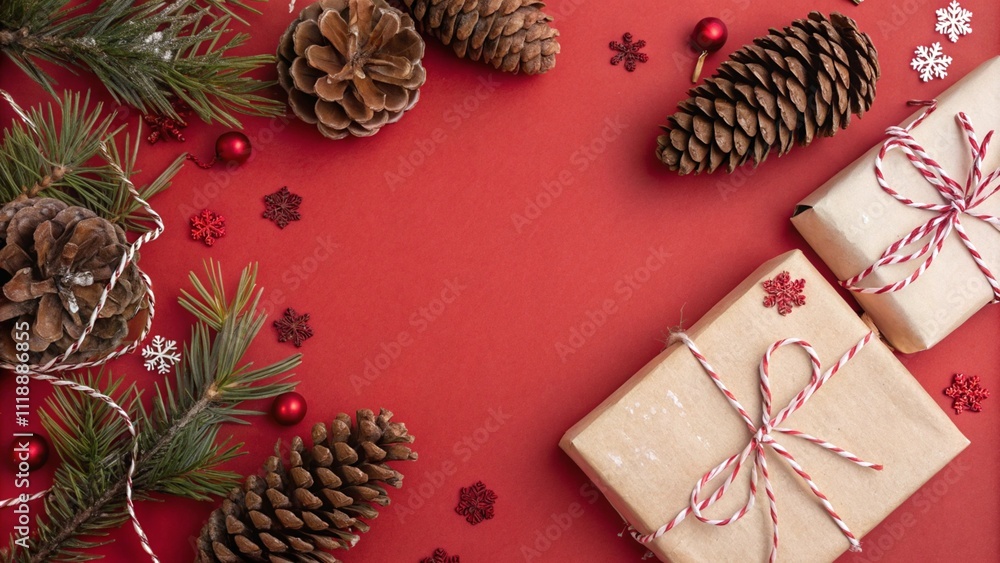 Festive red background with pine cones and gifts, holiday promotions. Festive red background with pine cones and gifts, holiday promotions.