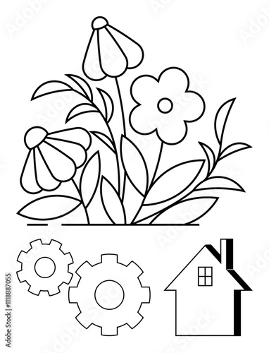 Flowers with leaves beside two gears and a house outline. Ideal for nature, engineering, home, education, childrens activities coloring designs. Line metaphor. Line metaphor. Simple line icons