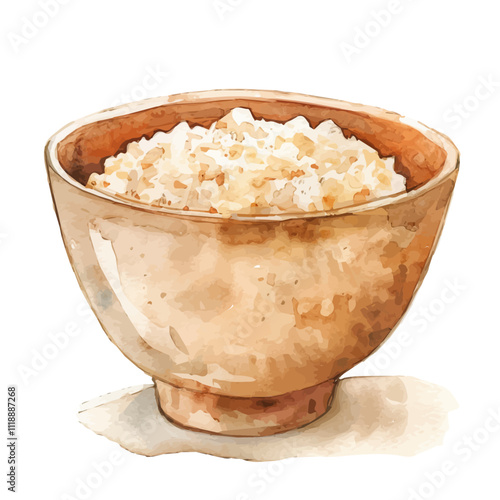 A watercolor vector of a bowl of oatmeal, isolated on a white background. Bowl of oatmeal vector.