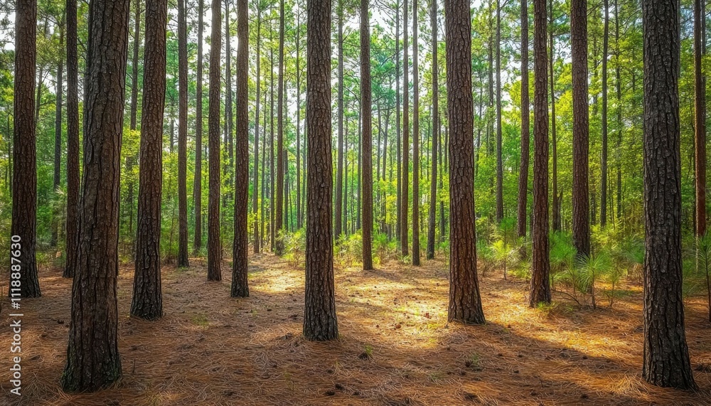 A serene forest scene with tall trees and soft sunlight filtering through. A serene forest scene with tall trees and soft sunlight filtering through.