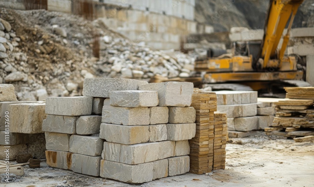 A construction site with stacked stones and machinery in the background. A construction site with stacked stones and machinery in the background.