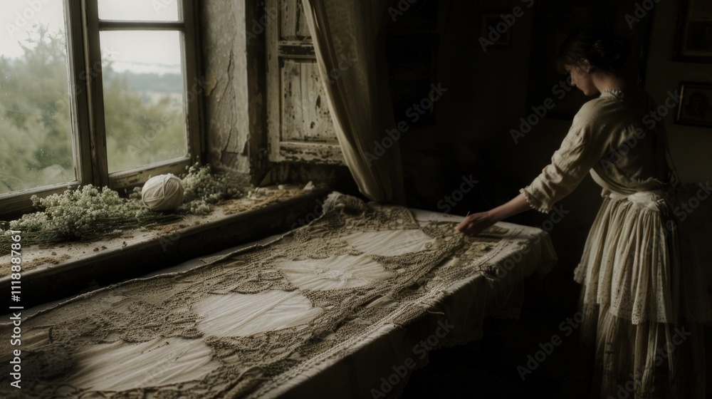 Fototapeta premium Woman examining antique lace tablecloth by window in rustic room.