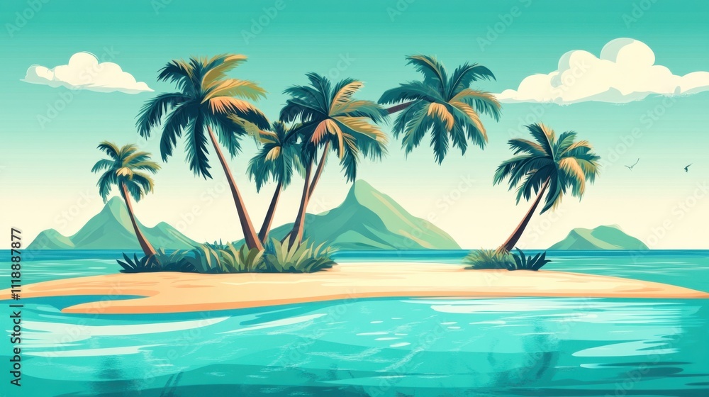 Tropical island scene with palm trees and serene waters. Tropical island scene with palm trees and serene waters.