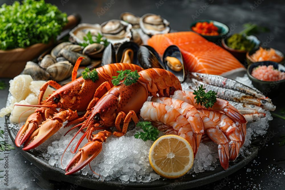 Whole lobster with seafood, crabs, mussels, shrimp, fish, on crushed ice and wooden table.. Whole lobster with seafood, crabs, mussels, shrimp, fish, on crushed ice and wooden table..