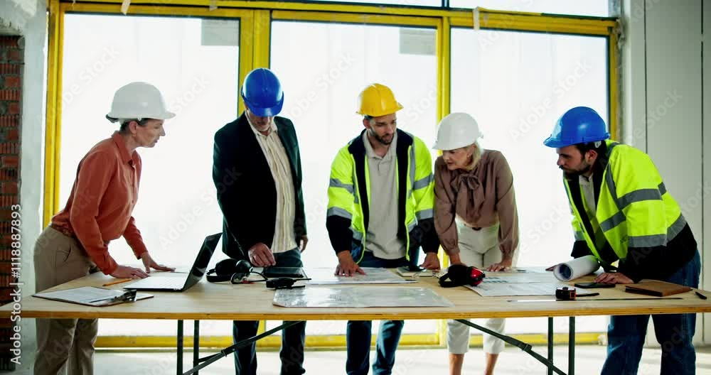 Discussion, industry and construction team on site with blueprint for building maintenance. Meeting, collaboration and group of civil engineers work on architecture project for property development.