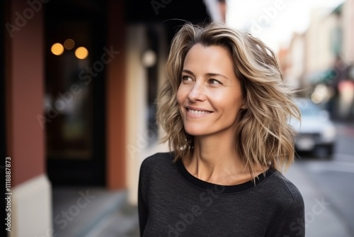 Portrait of a beautiful middle-aged woman smiling in the city