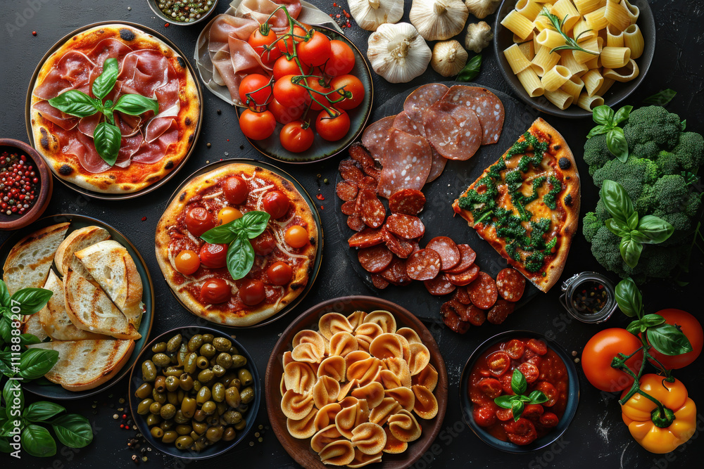 Full table of Italian dishes on plates Pizza, pasta, ravioli, carpaccio, caprese salad and tomato bruschetta on a black background Full table of Italian dishes on plates Pizza, pasta, ravioli, carpaccio, caprese salad and tomato bruschetta on a black background