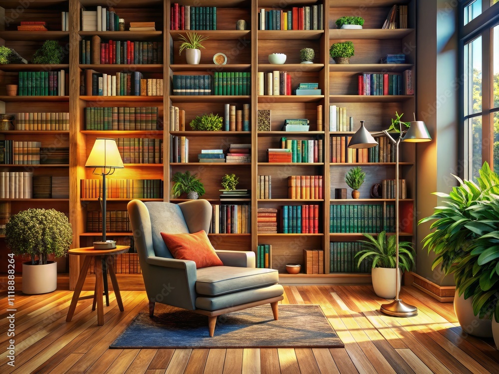 Stylish Home Library with Wooden Bookshelf and Comfortable Chair, Perfect for Reading and Relaxation in Cozy Indoor Space Stylish Home Library with Wooden Bookshelf and Comfortable Chair, Perfect for Reading and Relaxation in Cozy Indoor Space