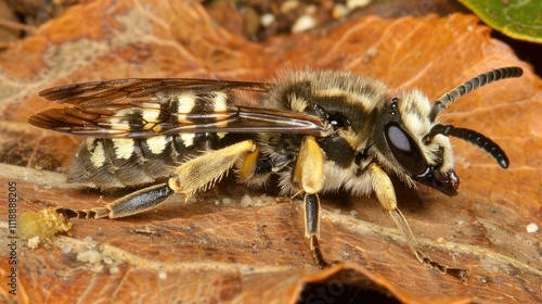 Close-up of a hairy, black and white bee on a brown leaf. photo