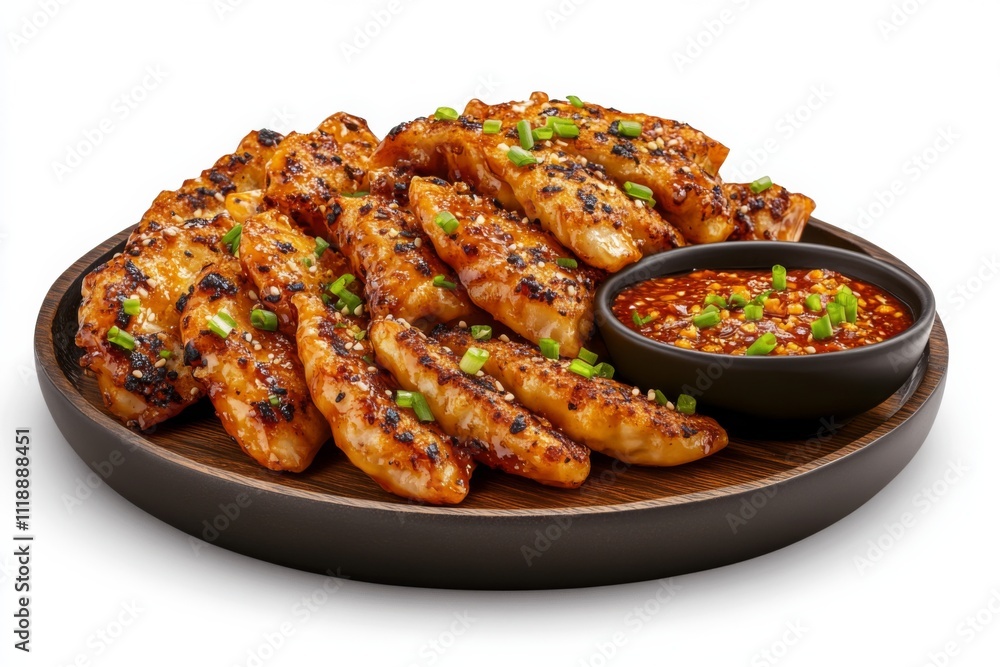 Grilled chicken wings with spicy dipping sauce served on a wooden platter at a casual dining setting Grilled chicken wings with spicy dipping sauce served on a wooden platter at a casual dining setting