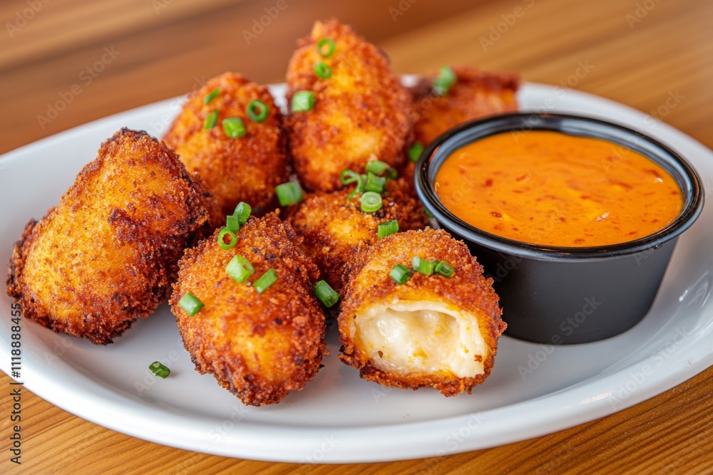 Crispy fried cheese bites served with a spicy dipping sauce on a white plate Crispy fried cheese bites served with a spicy dipping sauce on a white plate