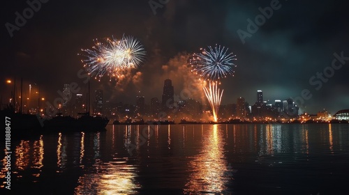 Chicago Fireworks Cityscape at Night photo