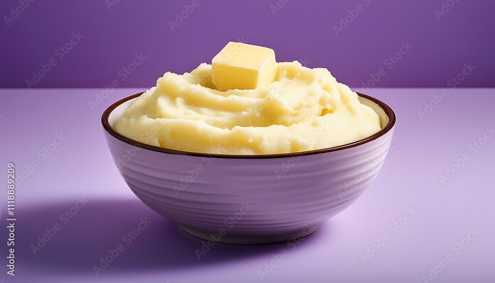 Creamy mashed potatoes in a bowl, topped with a pat of butter. Creamy mashed potatoes in a bowl, topped with a pat of butter.