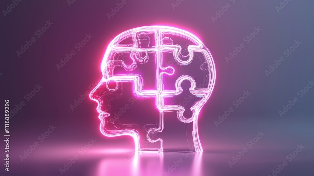 Abstract puzzle piece fitting snugly into a human head shape, glowing pink background, dynamic and thought-provoking concept Abstract puzzle piece fitting snugly into a human head shape, glowing pink background, dynamic and thought-provoking concept