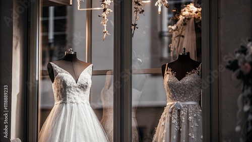 Elegant bridal gowns on mannequins in boutique window, wedding inspiration. photo