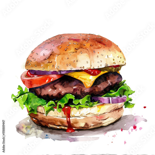 A watercolor of a burger, isolated on a white background. Burger vector.