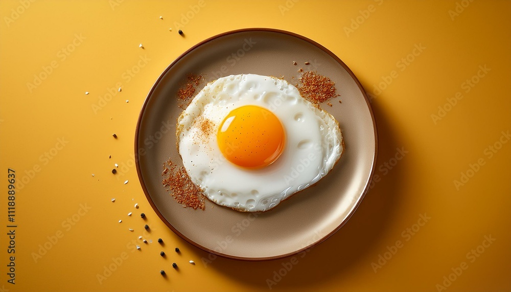 Perfectly fried egg on a plate with spices. A simple, delicious breakfast. Perfectly fried egg on a plate with spices. A simple, delicious breakfast.