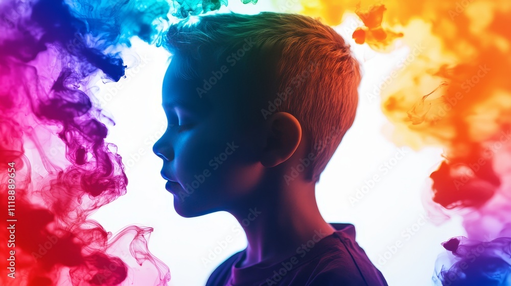 ADHD awareness art, abstract fluid strokes in bold primary colors framing a contemplative silhouette of a child, modern mental health theme ADHD awareness art, abstract fluid strokes in bold primary colors framing a contemplative silhouette of a child, modern mental health theme
