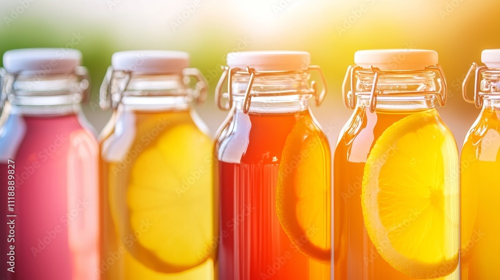 Aesthetic close-up of kombucha bottles, five distinct flavors, glass swing-top bottles glowing in soft light, natural, fresh, and clean design Aesthetic close-up of kombucha bottles, five distinct flavors, glass swing-top bottles glowing in soft light, natural, fresh, and clean design