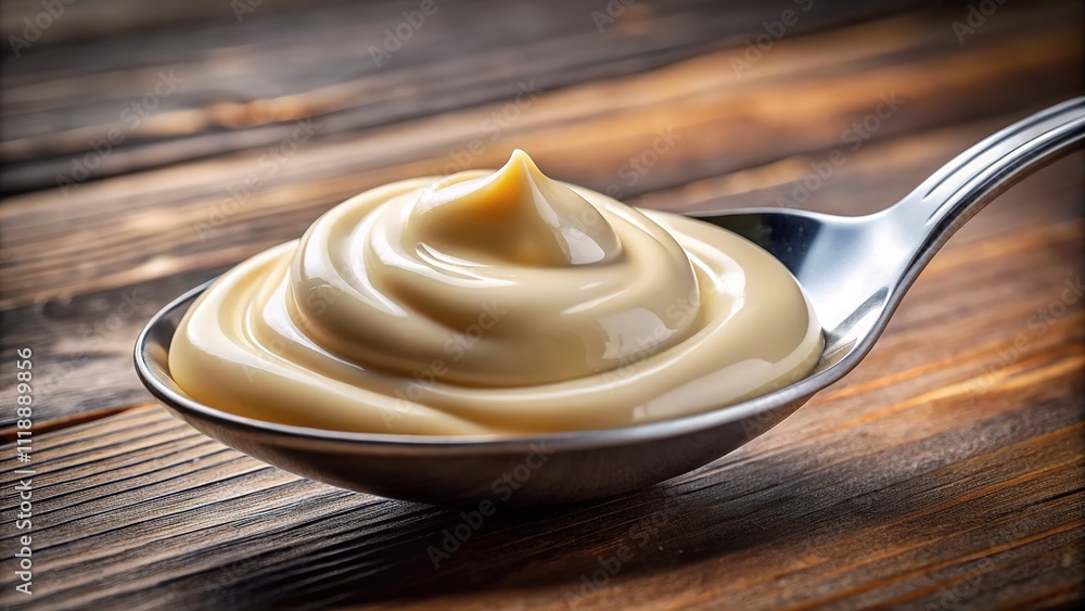 Mayonnaise Spoon Close-up, Food Photography, Gourmet Dipping Sauce Mayonnaise Spoon Close-up, Food Photography, Gourmet Dipping Sauce