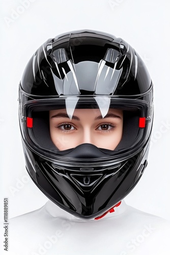 Close-up view of a female motorcyclist wearing a black helmet in a clean, minimalistic setting showcasing modern design and safety features photo