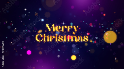 Golden Merry Christmas message with colorful festive particles, including stars and snowflakes, on a dark purple background, symbolizing celebration and festivity.