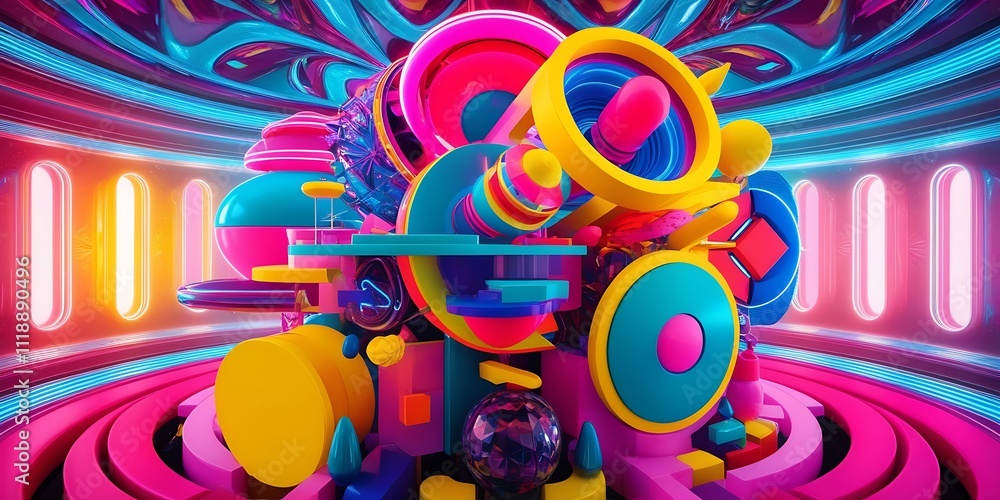 Fototapeta premium Vibrant 3D abstract art with colorful geometric shapes in a futuristic setting.