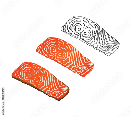 Salmon fillet steak 3 versions. Set of trout outlined, coloured, skinless , skin. Cooked fish steak. Red salmon sashimi fresh , healthy menu item. Restaurant icon idea. cured red fish ,grilled. Vector